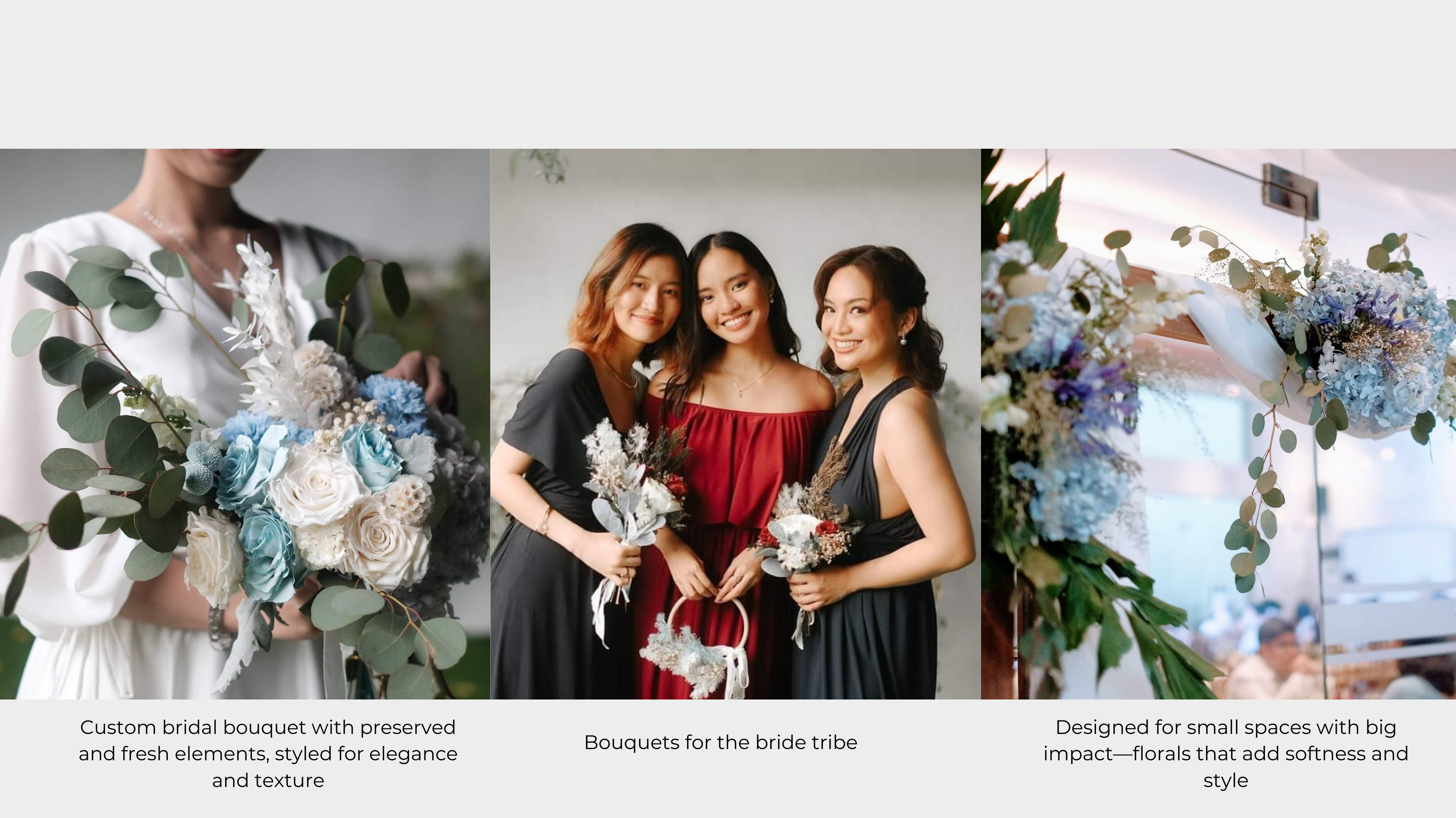 Bridal bouquet with preserved and fresh elements, styled for elegance, and bouquets for the bride tribe.