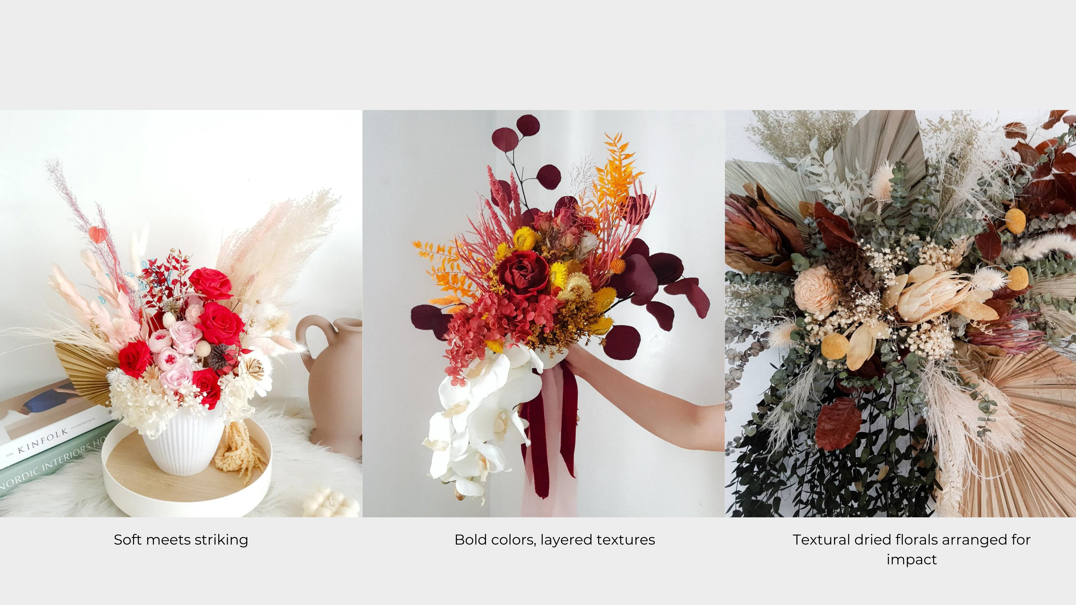 Three images of dried floral arrangements with text descriptions.
