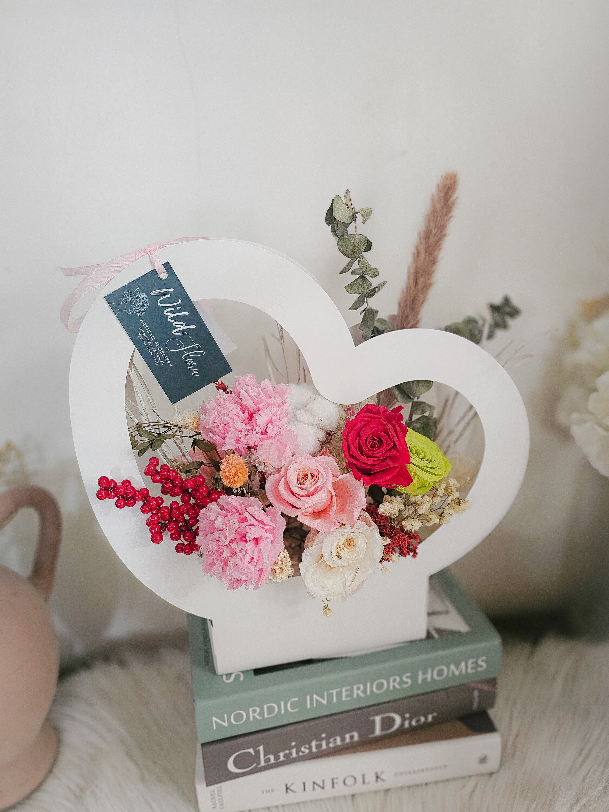 "Everlasting Love” Heart Box – Wild & Lush Dried Floral Arrangement