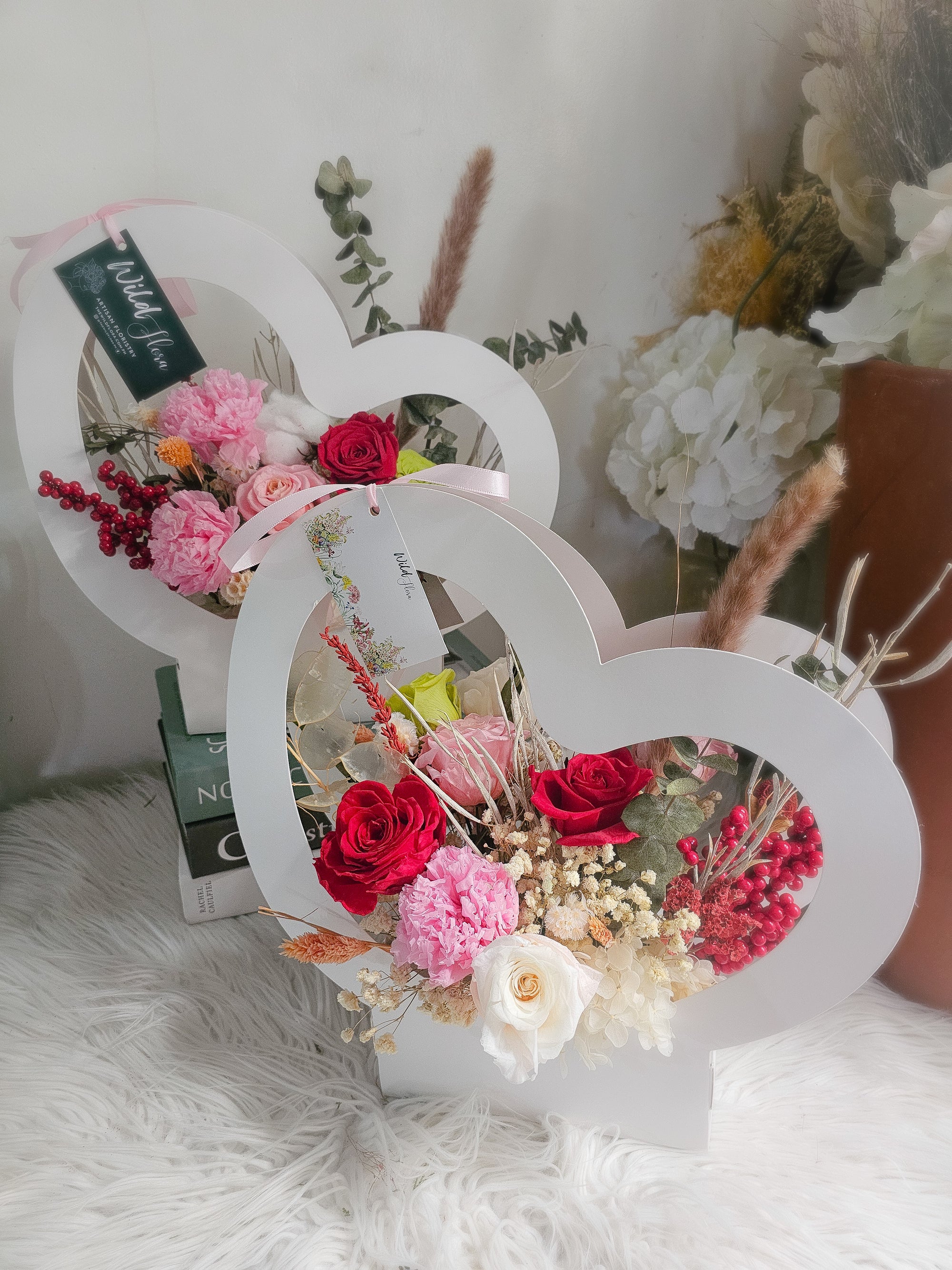 "Everlasting Love” Heart Box – Wild & Lush Dried Floral Arrangement