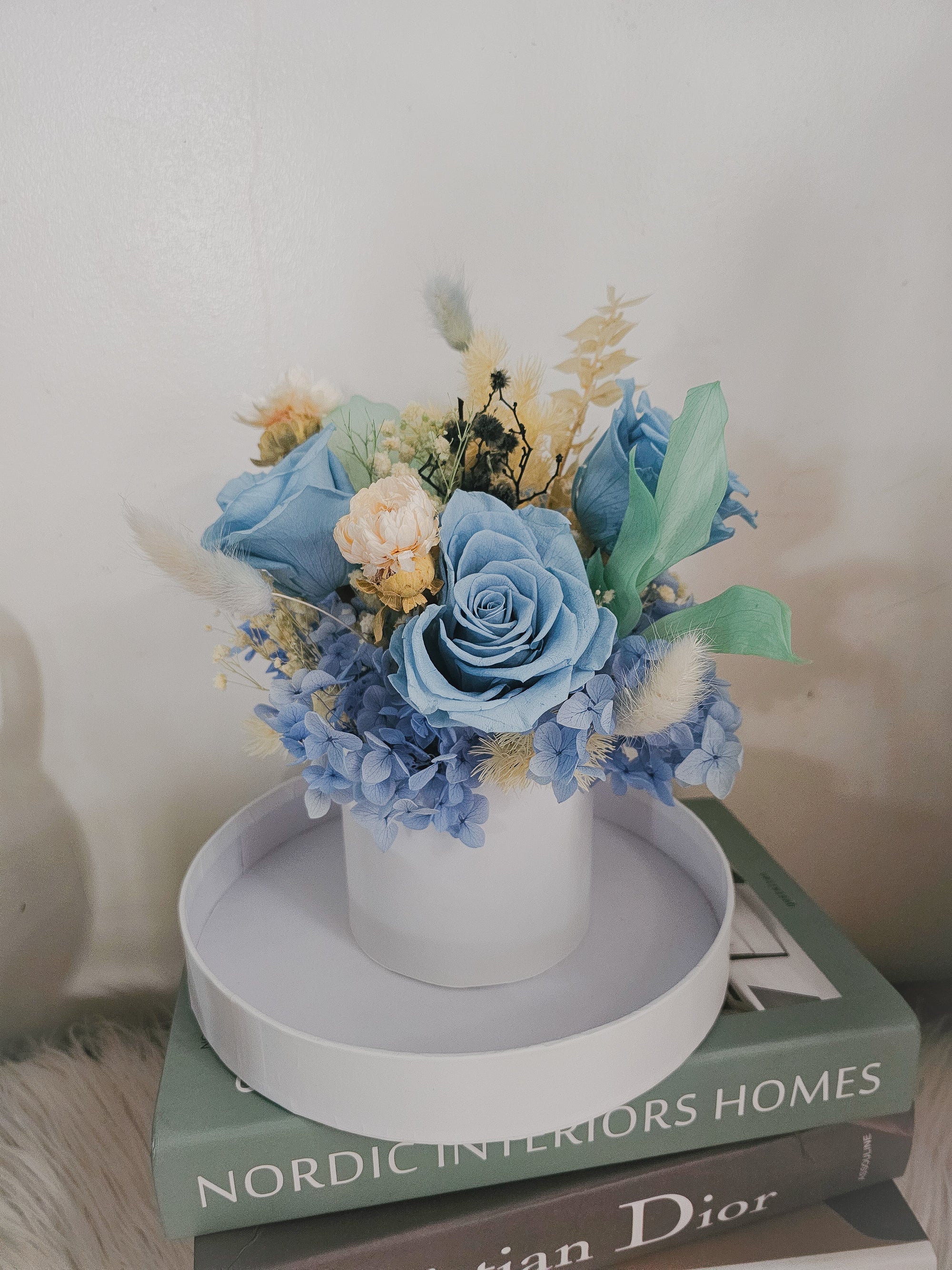 "Eternal Serenity” Luxe Blue Preserved Floral Box – Elegant & Timeless