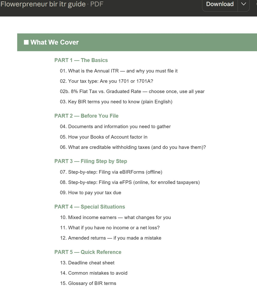 BIR Tax & Compliance Bundle for Florists (Annual ITR Guide + Full Compliance Guide + 6 Excel Trackers)
